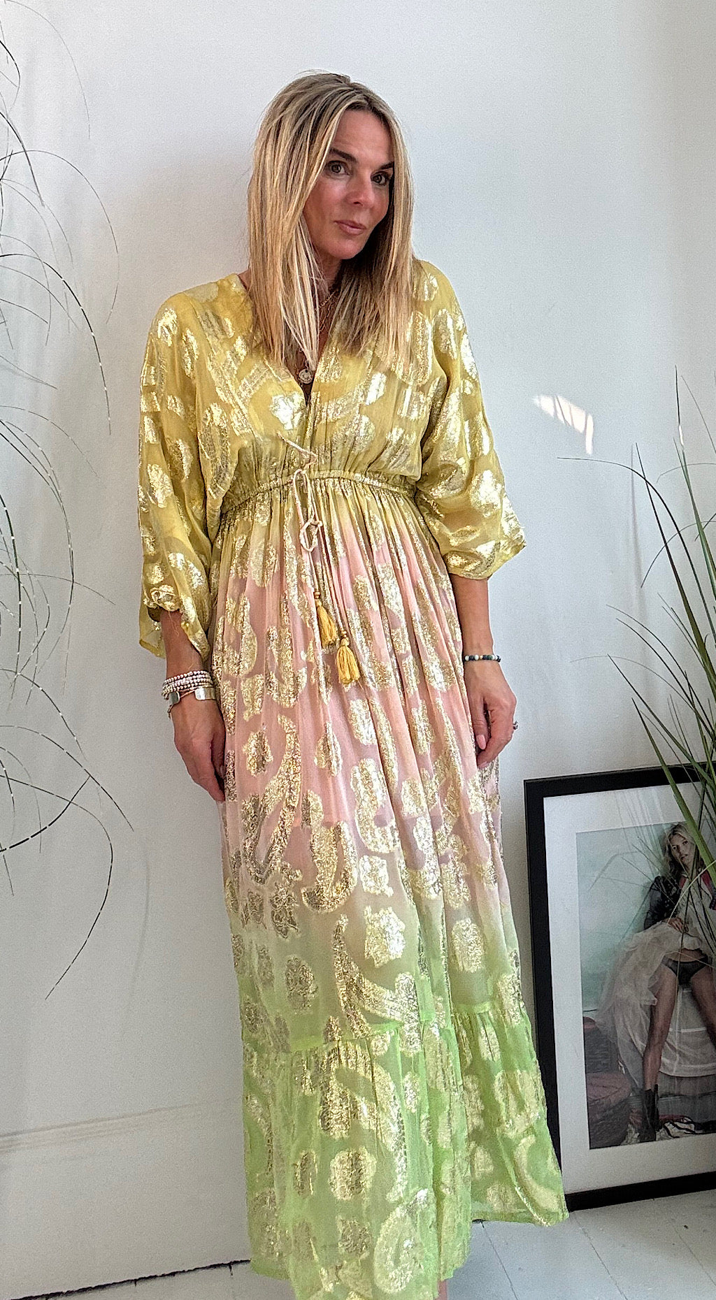Kasturi Foil Print Dress - yellow mix
