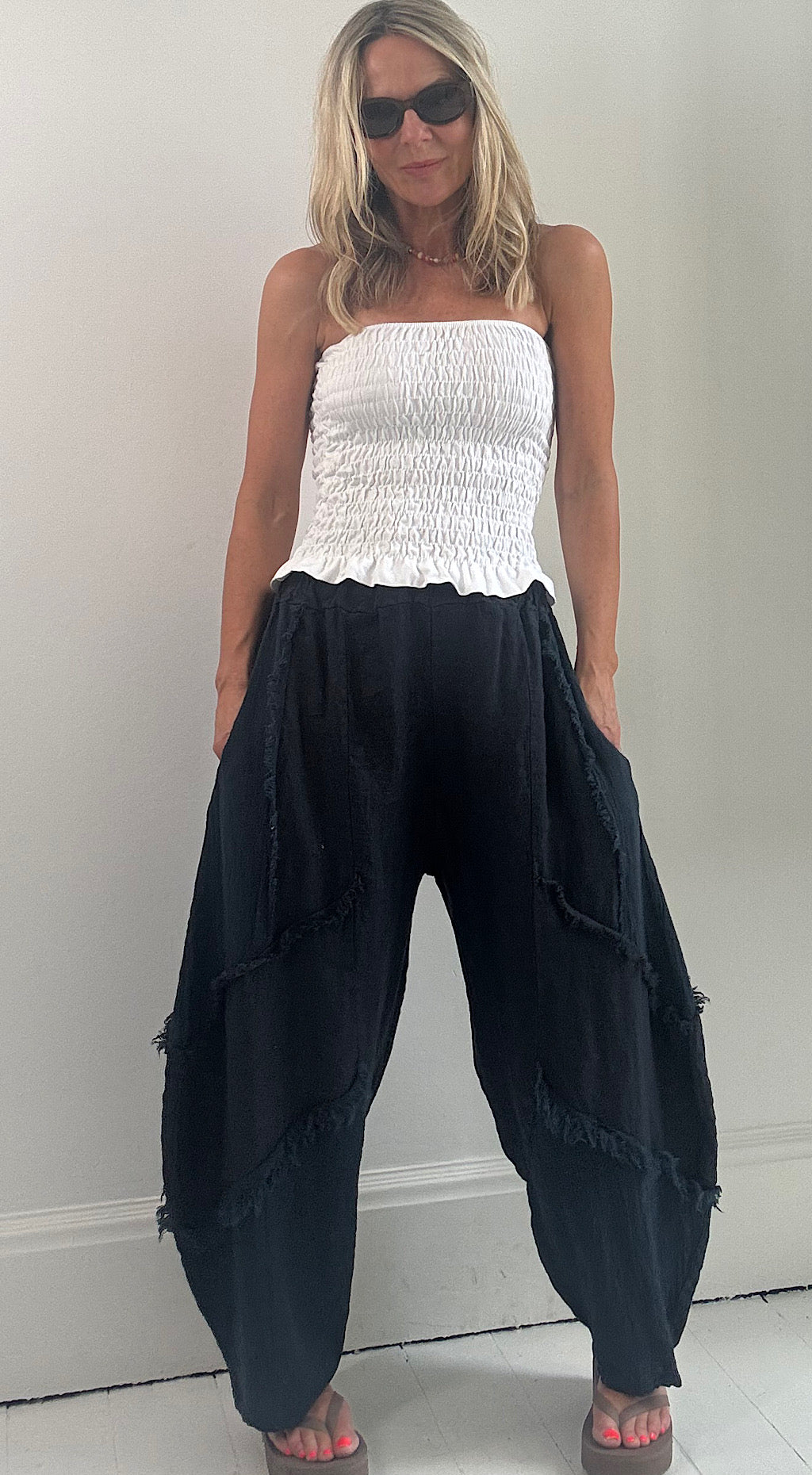 Frayed detail linen pants navy