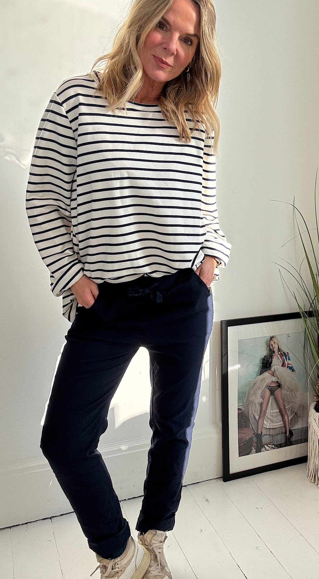 Breton stripe basic sweat top/ Navy