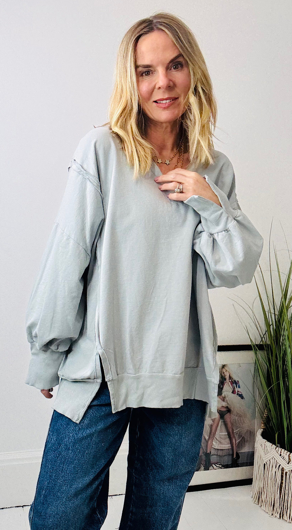 Sloppy puff sleeve sweat top grey