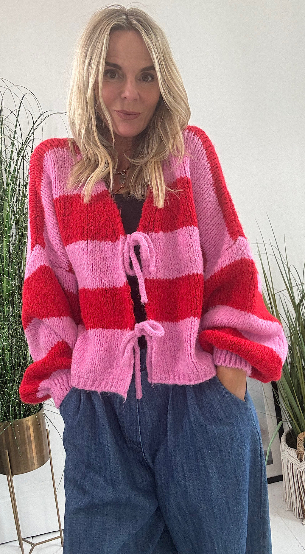 Tie Front Striped Cardigan - pink mix