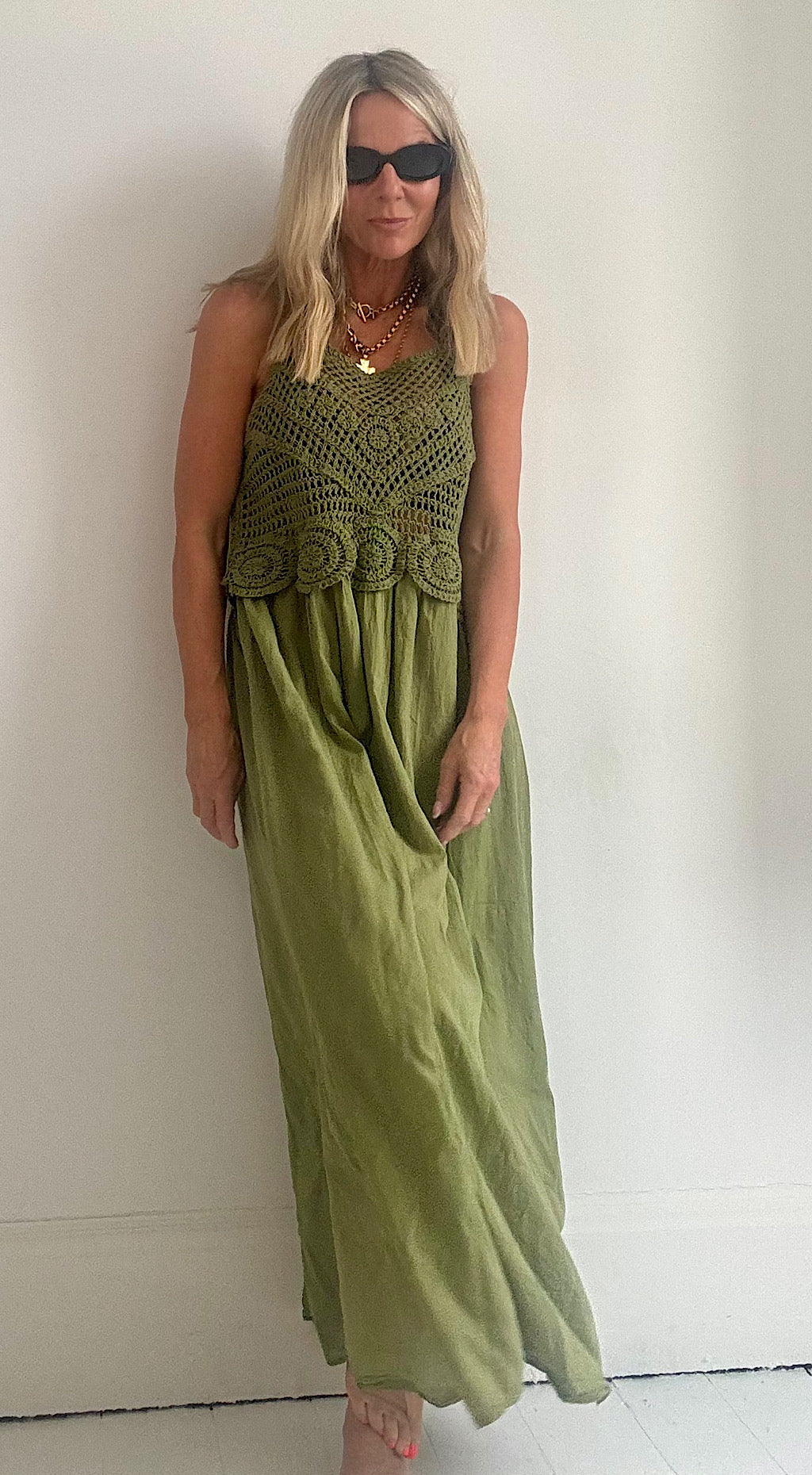 Crochet bodice dress khaki