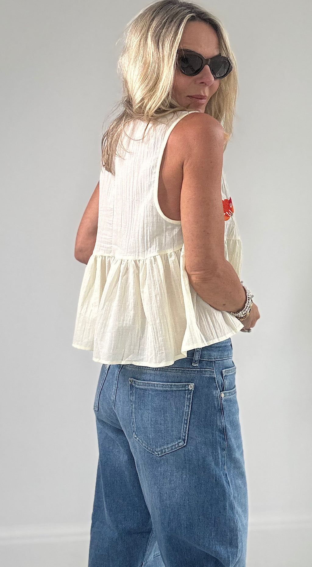 Peplum Embroidered Top - cream