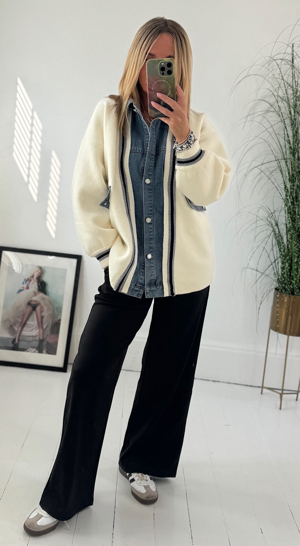 Denim Mix Cardigan Jacket - cream