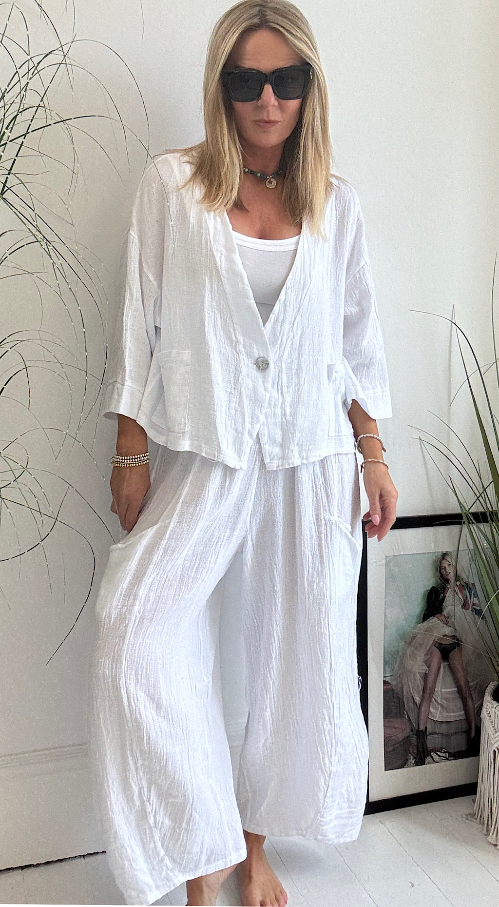 Linen tea bag pants white