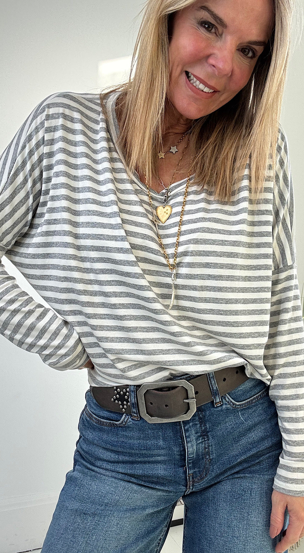 Basic Batwing Striped Top - grey