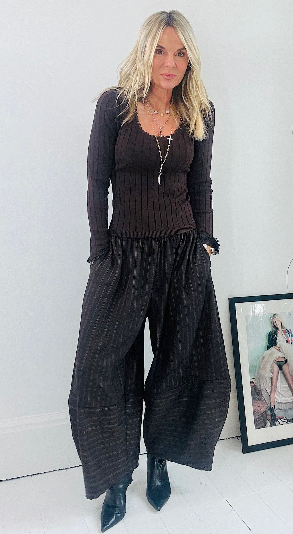 Lace Trim Ribbed Top - Chocolate