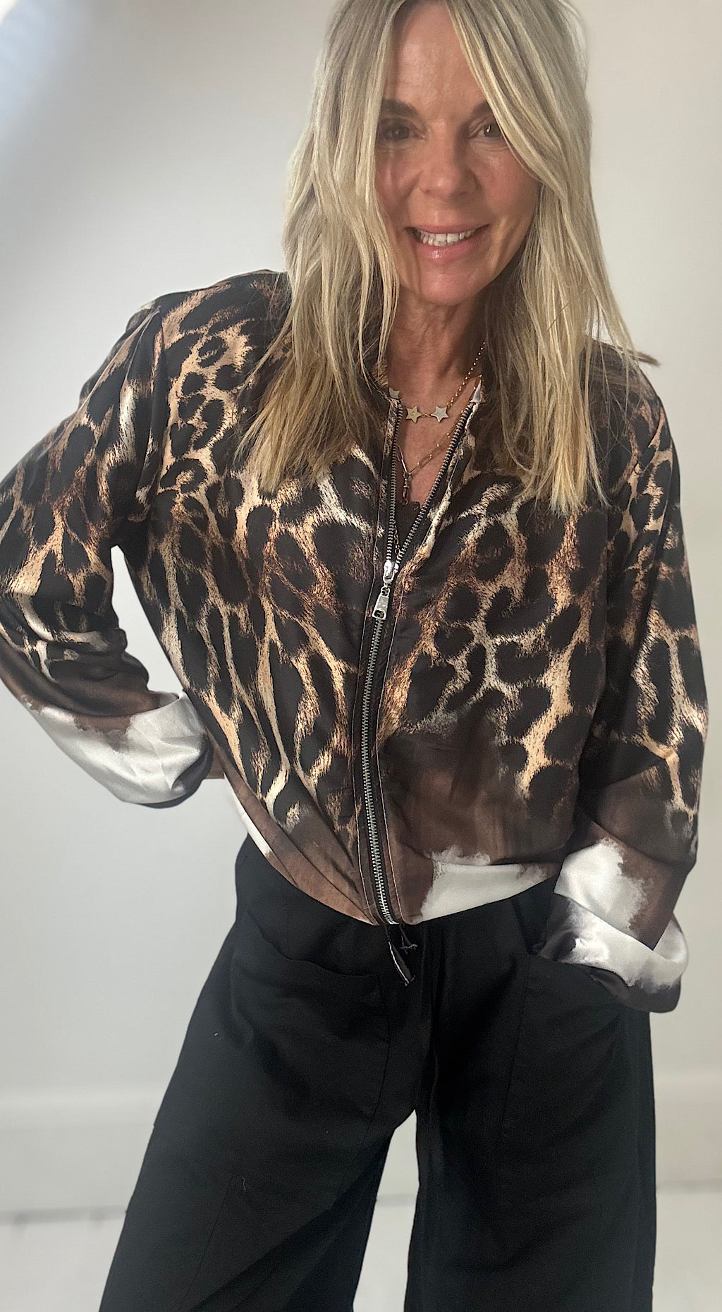 Silky Animal Print Bomber Jacket