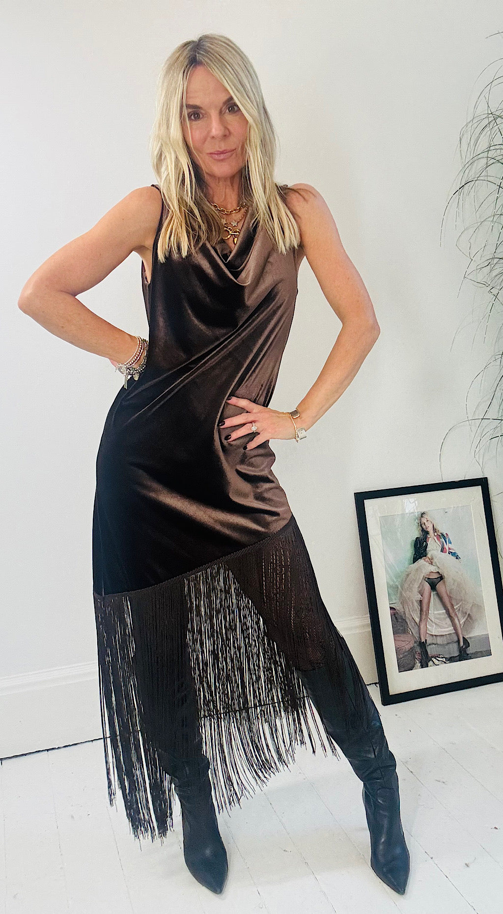 Velvet Asymmetric Tassel Dress - Chocolate