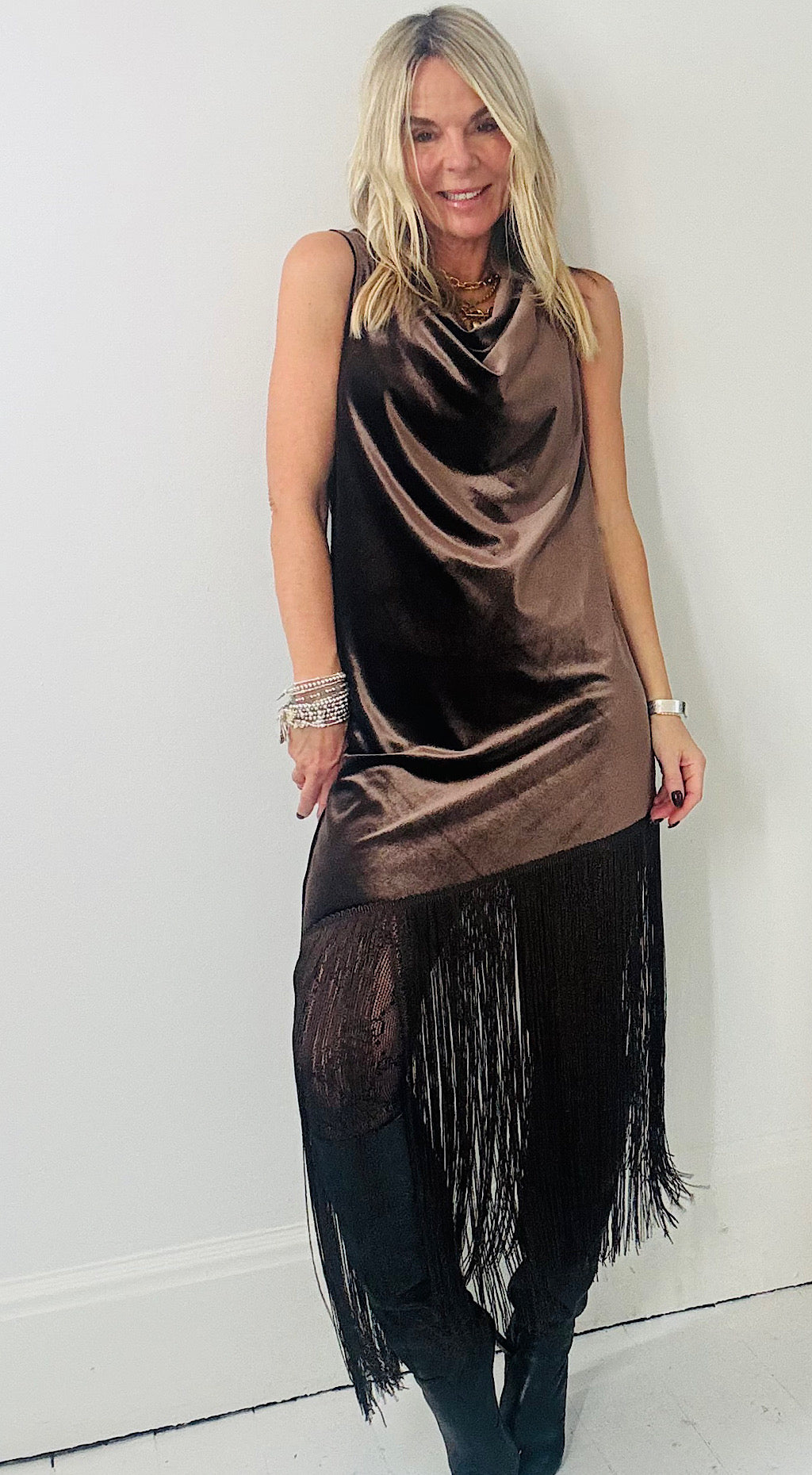 Velvet Asymmetric Tassel Dress - Chocolate