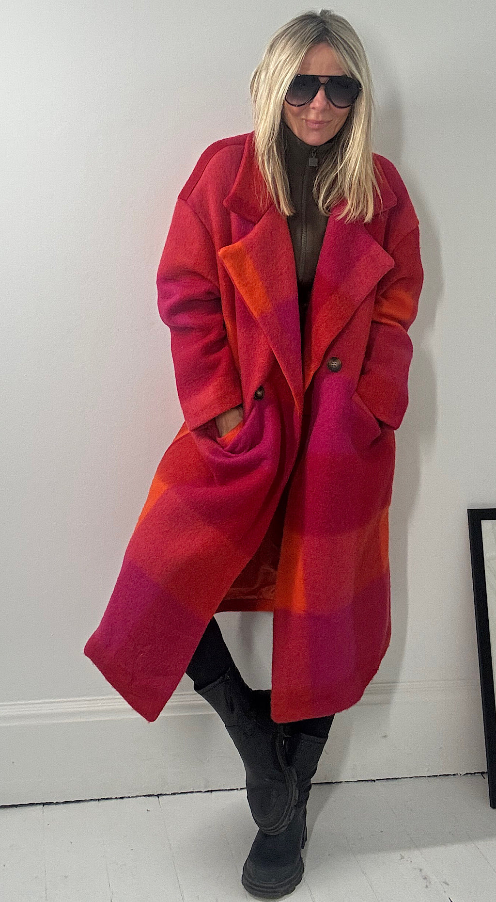 Check Wool Coat - Orange/Pink Mix
