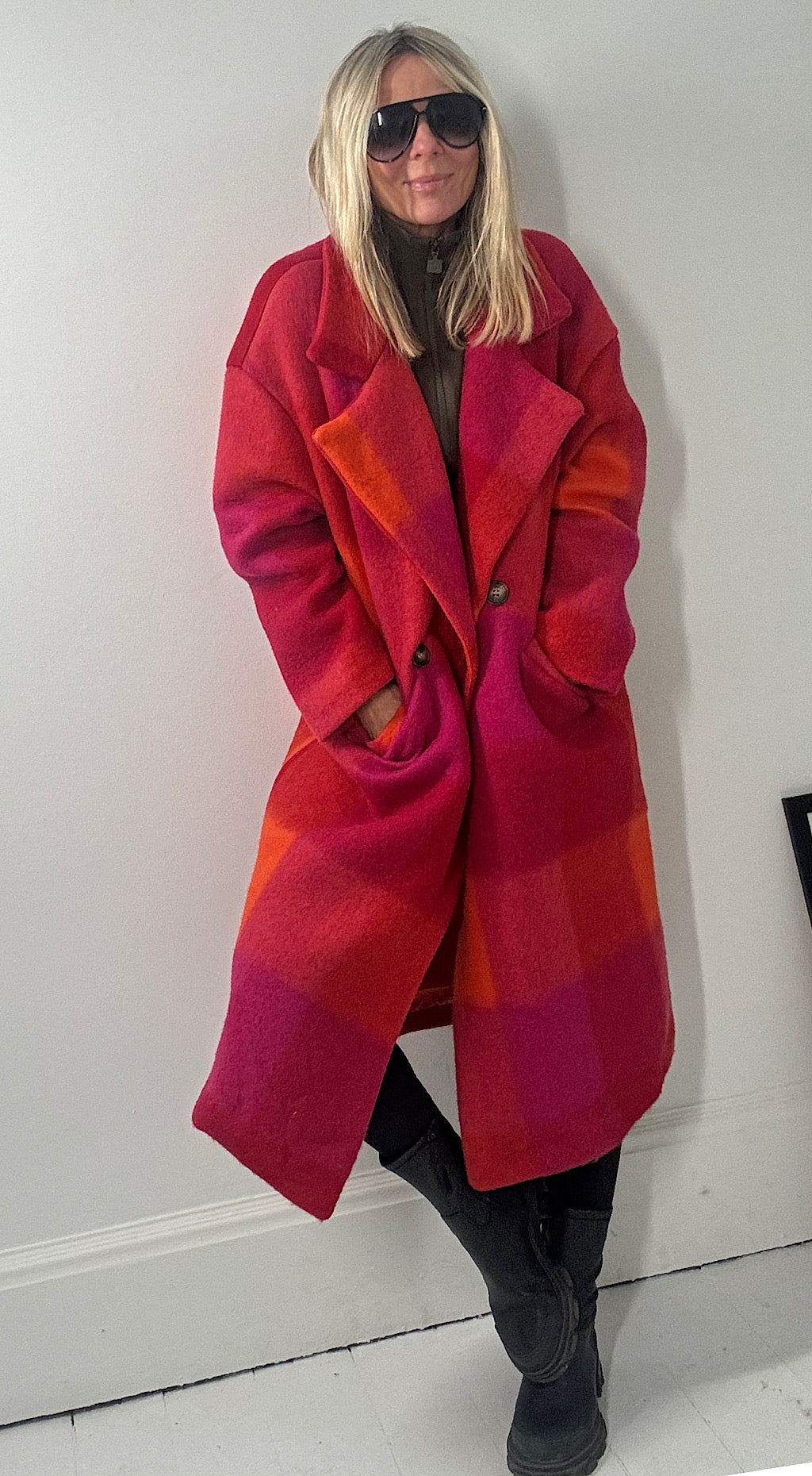 Check Wool Coat - Orange/Pink Mix
